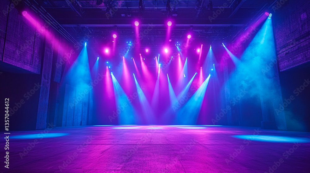 Poster a stage illuminated with vibrant blue and pink lights creating a dynamic and colorful atmosphere for