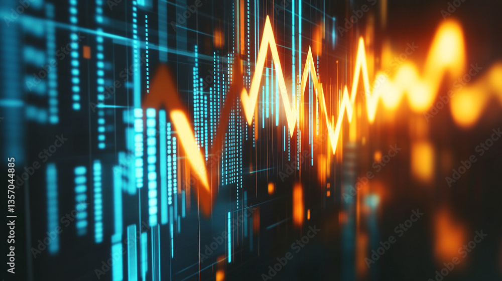 Poster abstract financial chart with orange line and blue bars on a dark background display data