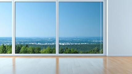 Spacious room with large windows showcasing a scenic view.