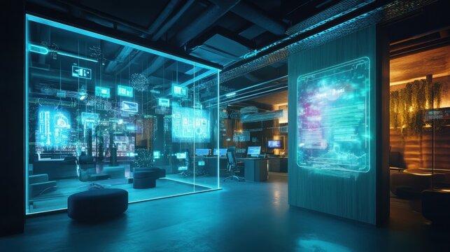 A sci-fi inspired employee recognition event, futuristic office with holographic thank-you messages
