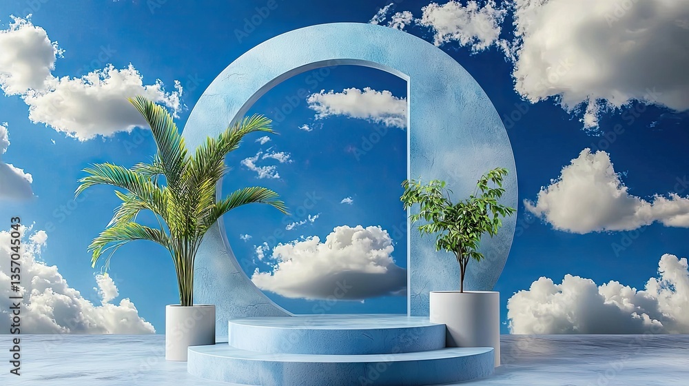 Poster blue 3d background with soft clouds emerging from circular form, simple product display