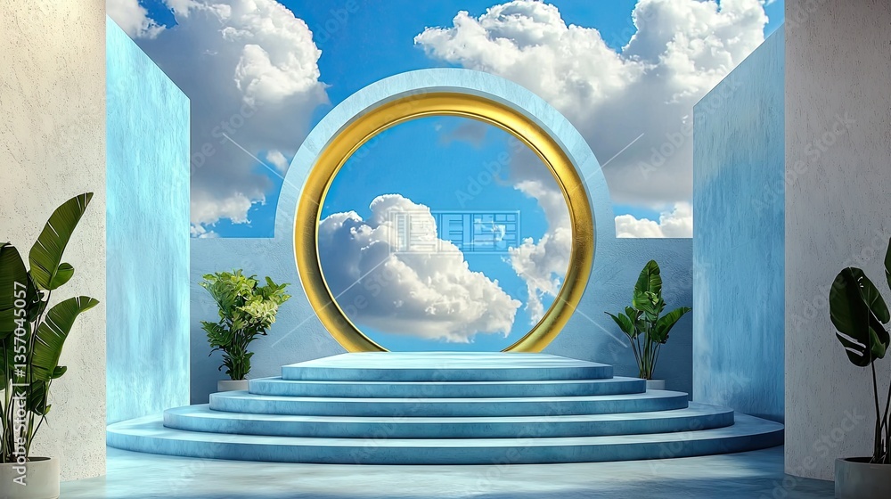 Poster blue 3d background with soft clouds emerging from circular form, simple product display