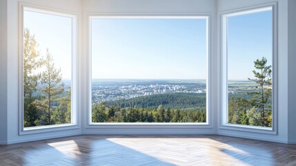 Bright view through large windows showcasing serene landscape.