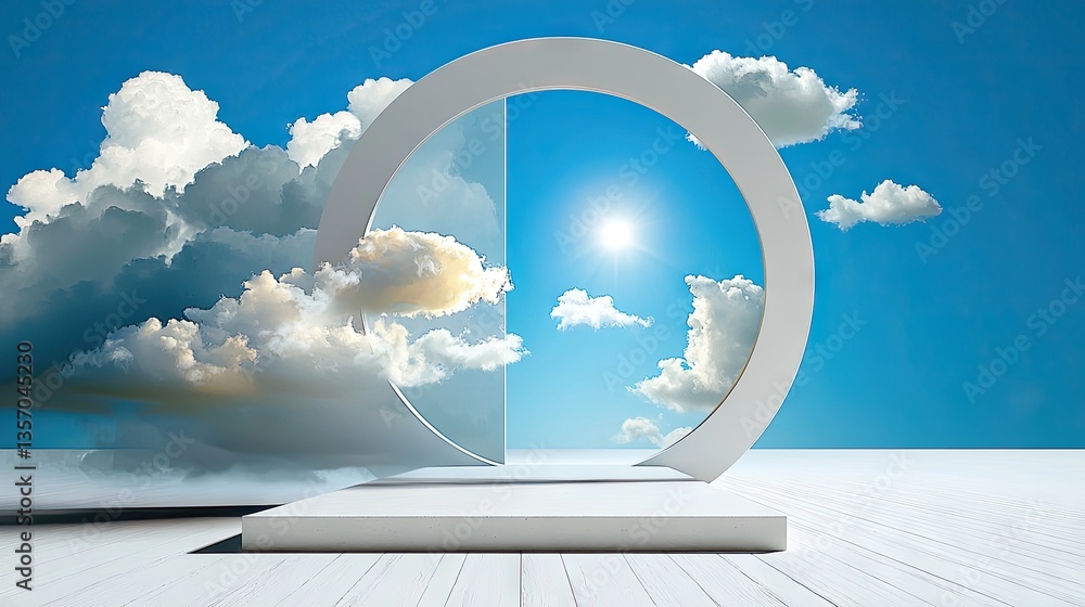 Poster blue abstract minimal background with white clouds flying from behind a 3d circle
