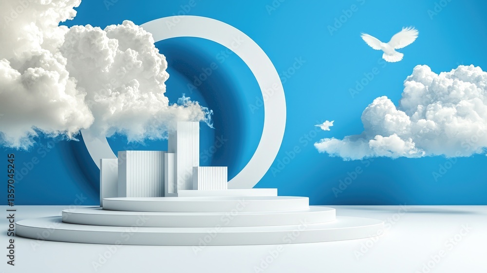 Poster blue abstract minimal background with white clouds flying from behind a 3d circle