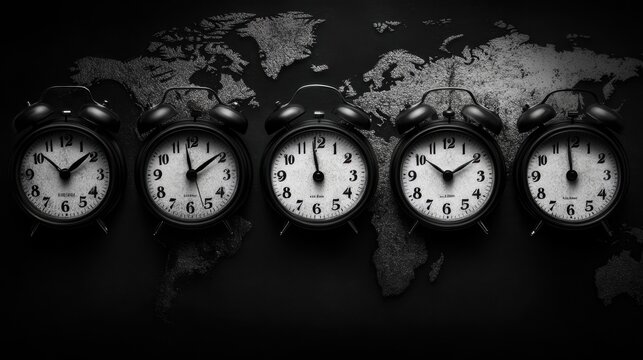 A series of analog clocks showing different times, symbolizing global time differences due to daylight savings