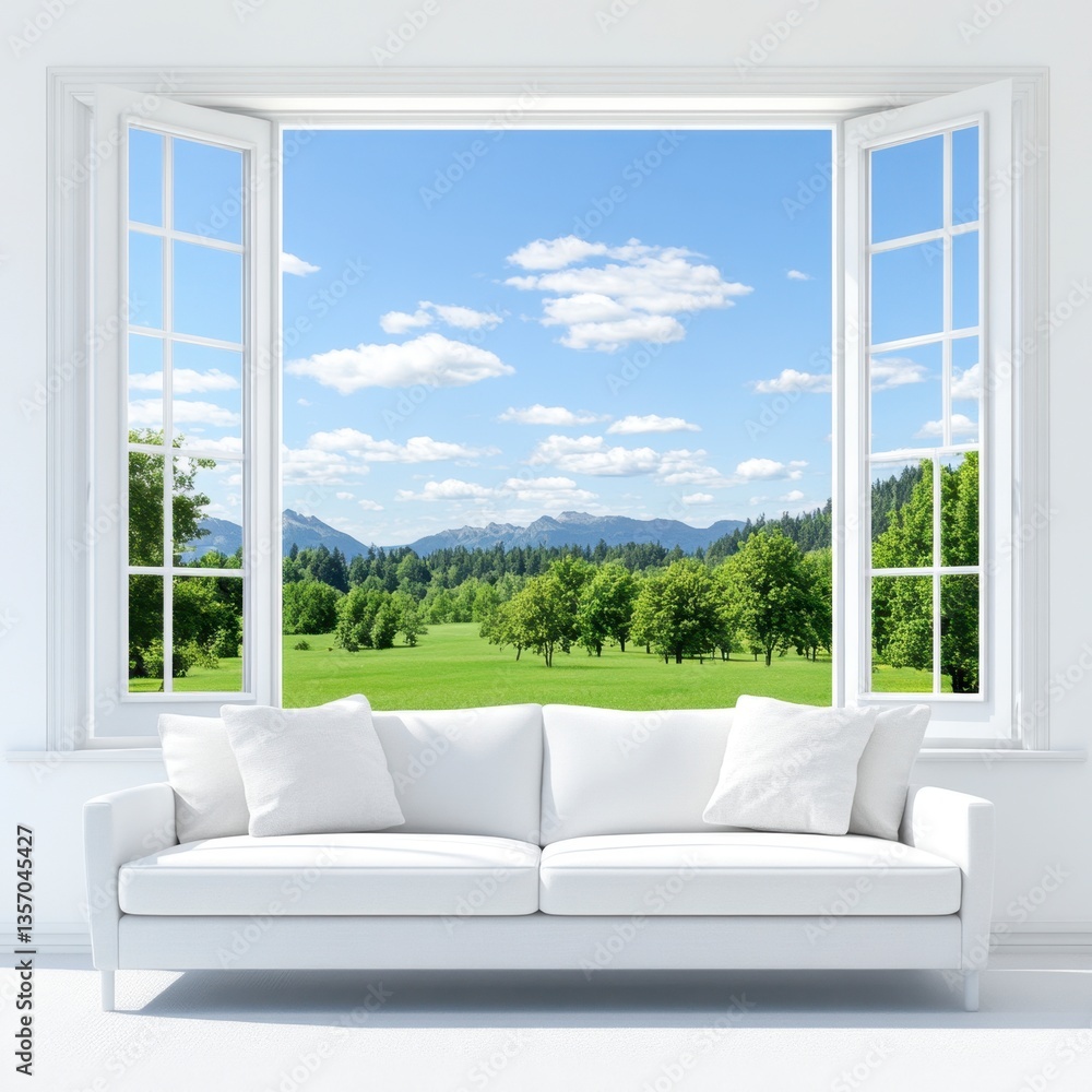 Poster white couch in a bright room with a large window offering a view of a green field and mountains unde