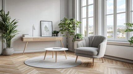 Fototapeta premium Light filled living room with gray armchair, light wood furniture, and potted plants. Bright, airy atmosphere. 