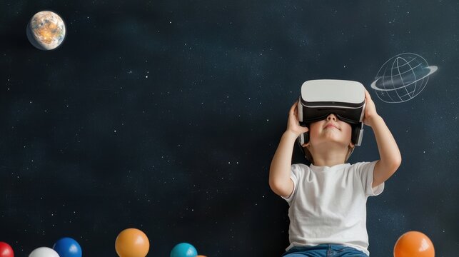 children critical thinking. Child experiencing virtual reality with a VR headset, surrounded by colorful balls.
