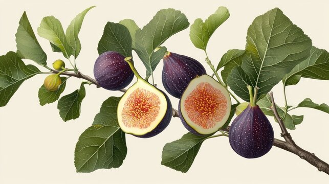 Botanical illustration of figs in classic vintage style, detailed textures and shading