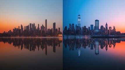 Obraz premium A side-by-side comparison of a city skyline before and after the daylight savings transition