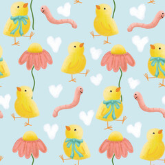 Baby Chicks & Flowers Seamless Pattern – Hand-Drawn Storybook Style