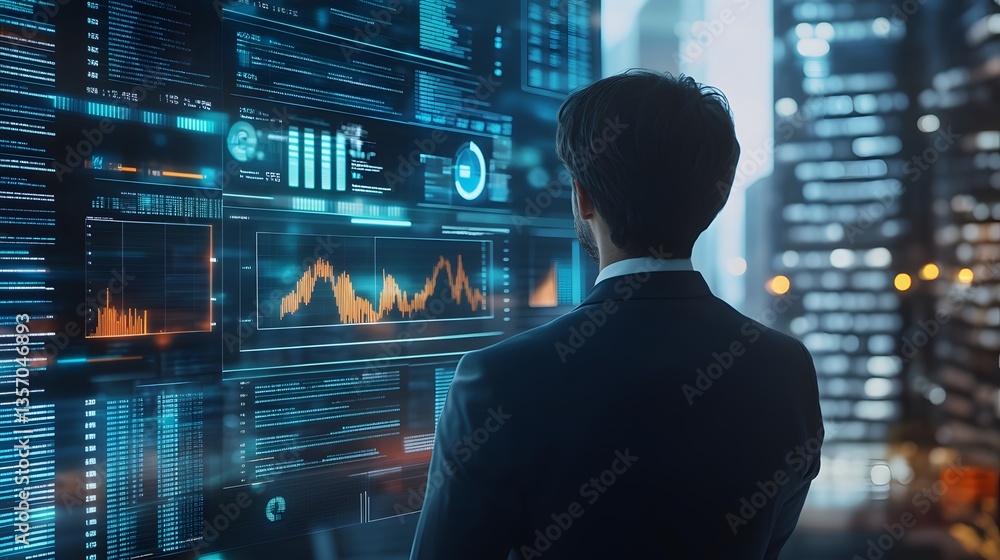 Poster a businessman analyzing financial data on a large digital display in modern office setting, showcasi