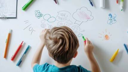 children critical thinking. Child drawing creativity on a large surface with colorful markers and sketches around him.