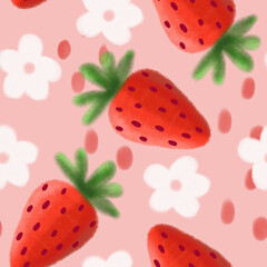 Strawberry & White Flowers Seamless Pattern – Hand-Drawn Storybook Style