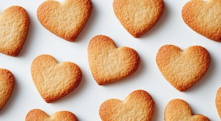 Heart-shaped cookies arranged on a white surface.  Golden-brown, delicate cookies.  Perfect for a special occasion