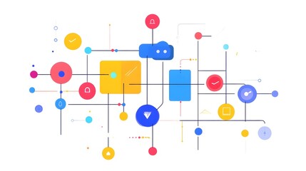 Naklejka premium colorful digital network design featuring interconnected shapes and lines, representing connectivity and data flow. The design is dynamic and modern