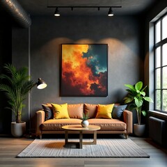 Stylish living room with modern decor, vibrant artwork, and indoor plants.