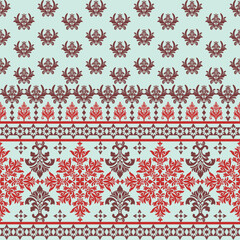 Opulent seamless vector pattern with intricate floral and geometric motifs in red and dark brown on light blue. Perfect for luxury wallpaper, interior décor and textile design with a classic elegance.