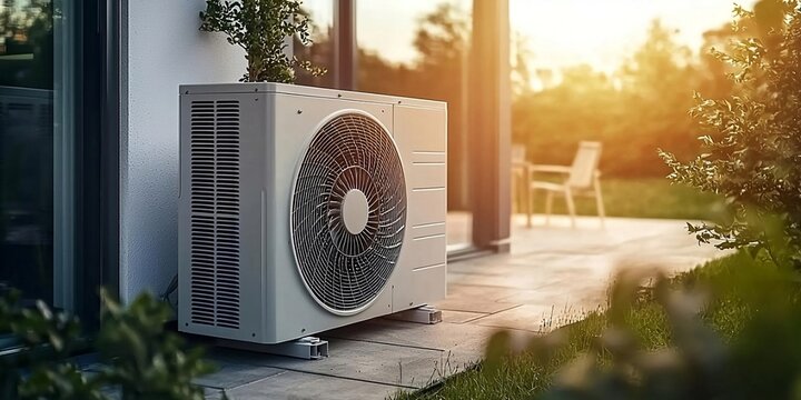 Air source heat pump installed in residential building. AI generative image