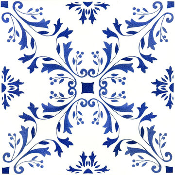 Colonial tiles, antique Dutch Delft Blue and White plate in flower pattern. Blue and white chinoiserie porcelain vintage collection. Ornamental floral and classic pattern. Seamless background texture
