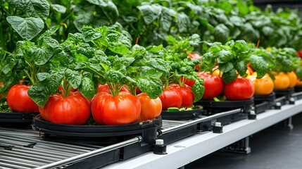 Fresh Hydroponic Tomatoes and Spinach Growing in Modern Indoor Garden Setting