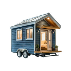 A compact, blue tiny house on wheels featuring a porch, large windows, and a cozy interior design.