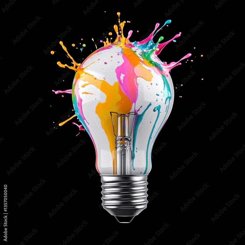 Poster multicolored paint splashes explode from a lightbulb against a black background. the vibrant colors 