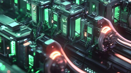 a futuristic server room, highlighting the power of technological advancement. The image showcases a series of interconnected servers with glowing lights