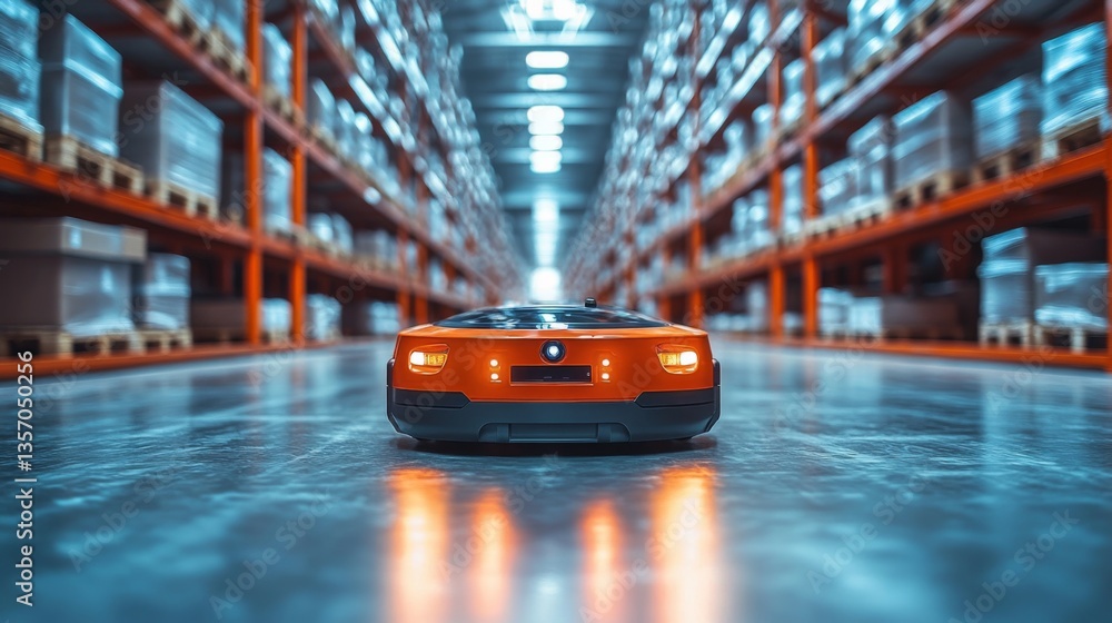Aufkleber A high tech robotic system navigates through a well organized logistics warehouse, optimizing inventory movement and improving fulfillment processes while ensuring efficiency.
