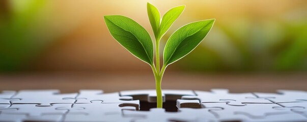 A young plant grows through a puzzle piece, symbolizing growth, hope, and the connection between nature and challenges.