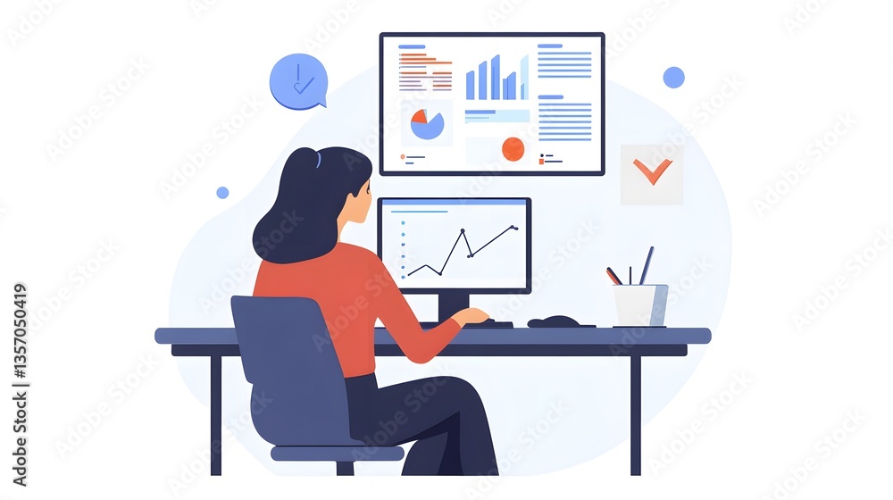 Poster a businesswoman at her desk analyzing data and charts, with a computer displaying graphs