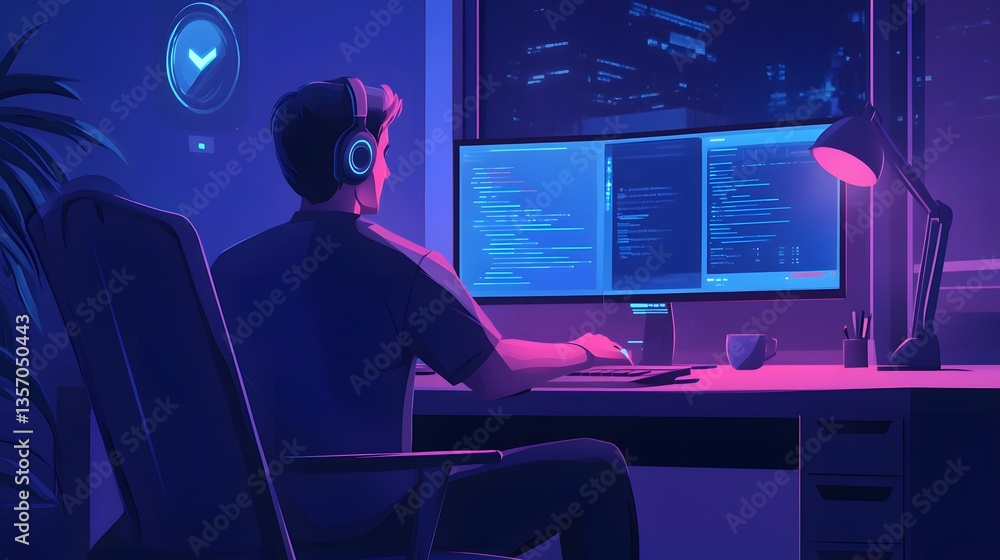 Poster a person is programming on a computer with two monitors. the scene has a modern aesthetic, with ambi