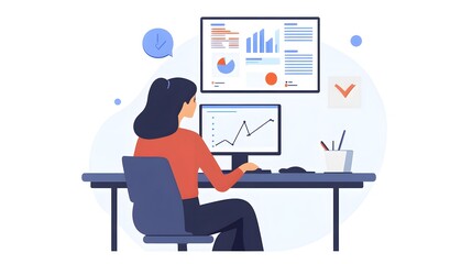 a businesswoman at her desk analyzing data and charts, with a computer displaying graphs 