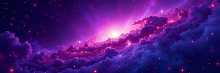 Fototapeta premium Dark purple galaxy background with bright stars and cosmic clouds, glowing, astronomy