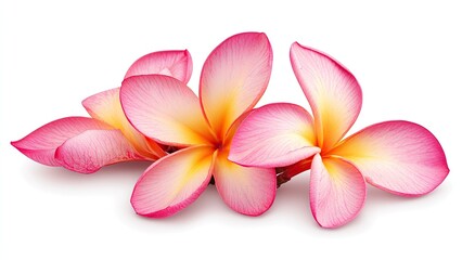 Fototapeta premium Delicate pink plumeria blossoms. Close-up of a cluster of vibrant pink plumeria flowers against a white background. Soft petals with a subtle yellow center