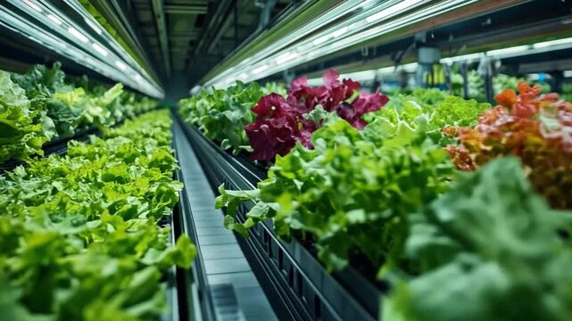Hydroponic Greens: Showcasing a cutting-edge hydroponic farm, displaying rows of vibrant, leafy greens flourishing under controlled lighting.