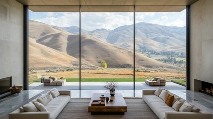 minimalist living room interior. A modern interior with large glass windows showcasing a scenic mountainous landscape, creating a harmonious blend of nature and architecture.