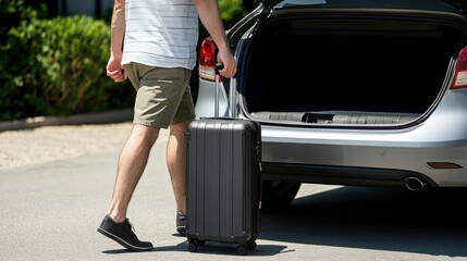 Packing for vacation, man brings suitcases to the trunk of the car preparing to leave