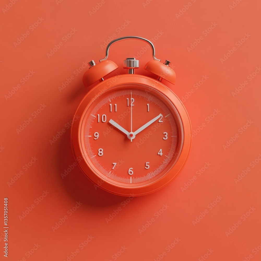 Poster close up view of a coral orange alarm clock on a matching coral orange background. the clock's desig