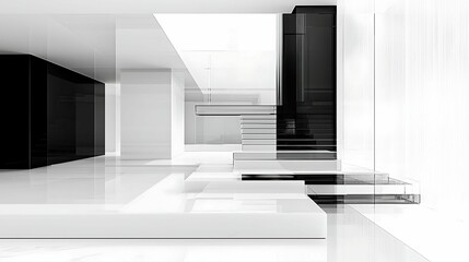 minimalist living room interior. A modern, minimalist interior featuring black and white geometric shapes, creating a sleek and sophisticated atmosphere.