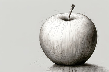 Detailed black and white illustration showcasing a solitary apple with intricate lines and shading on a plain background, capturing the simplicity and essence of the fruit.