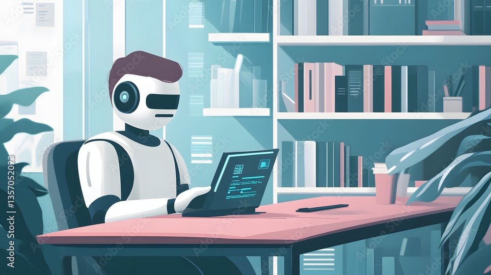 Poster an artificial intelligence robot working on a laptop at a desk. a robot is sitting in an office with