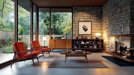 Fototapeta premium minimalist living room interior. A chic, modern living room featuring stone walls, large windows, minimalist furniture, and a cozy atmosphere, blending indoor and outdoor elements.