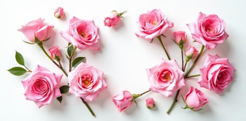 Pink rose flowers and buds forming a beautiful circle arrangement on a white background, roses, romantic
