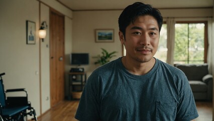 Obraz premium Thoughtful and Calm Young Asian Man Looking at the Camera in a Cozy Home Environment, Suitable for Mental Health, Self-Care, and Personal Development Content