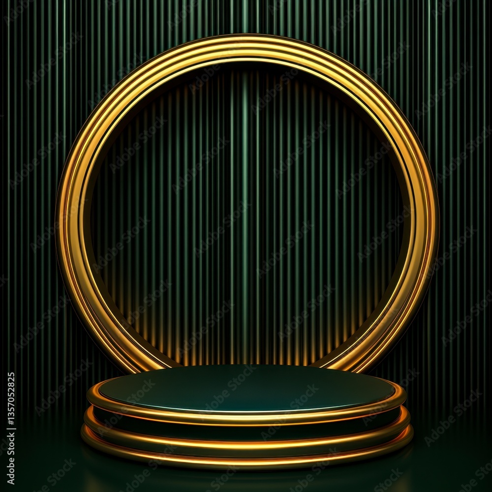 Poster dark green striped background with a black circular platform and gold concentric rings, creating a l