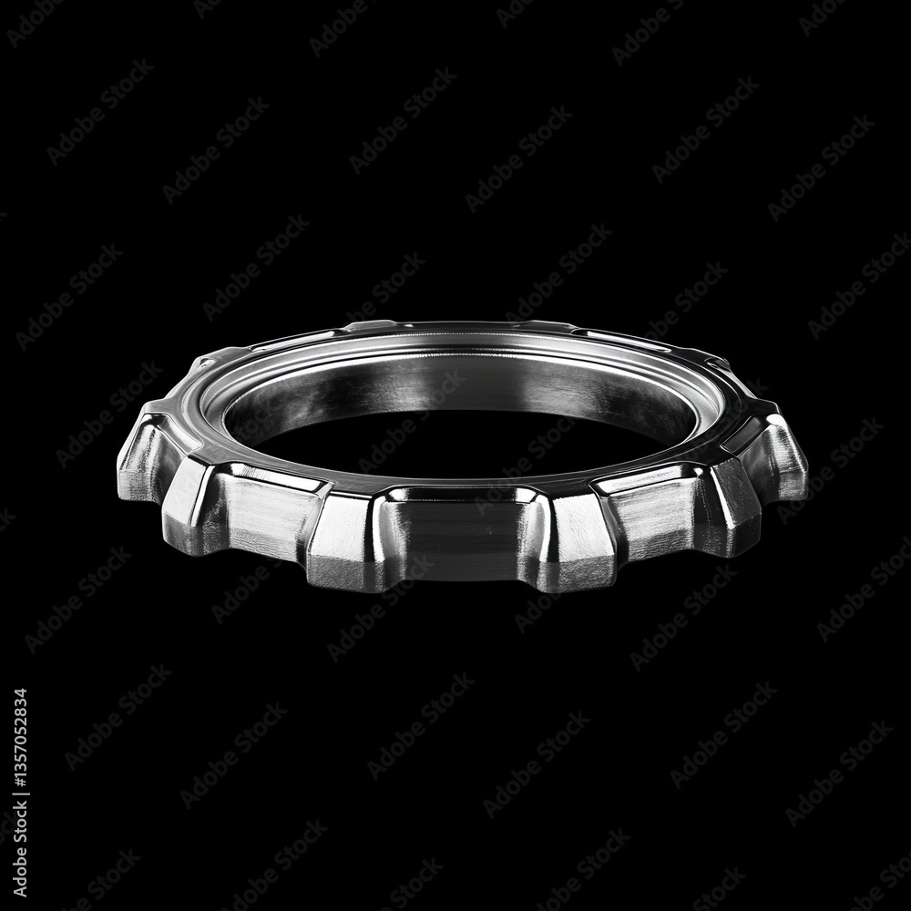 Poster close up view of a metallic, gear shaped ring with a dark, polished surface and angular edges agains