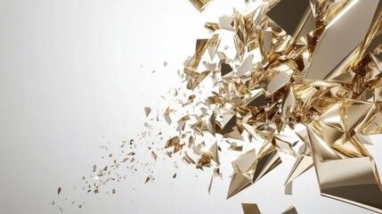 Abstract explosion of golden shards dispersing against a light background, creating dynamic motion