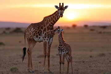 Obraz premium A stunning image capturing a mother giraffe and her calf silhouetted against the vibrant colors of a sunset, embodying love and connection in the wild.